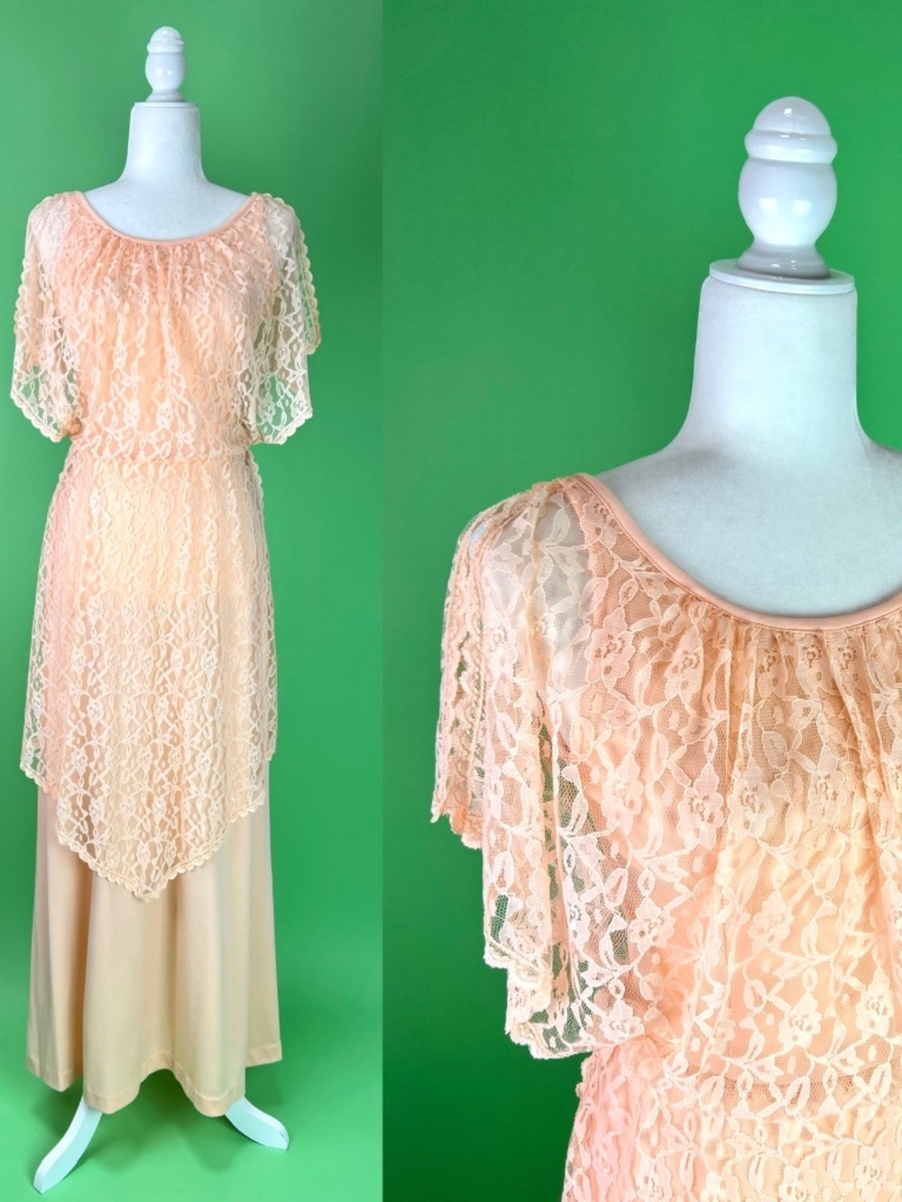 Vintage 70s Pastel Peach Lace Goddess Dress, Spring Bridesmaid Size Small